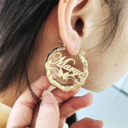 Personalized Custom Gold Plated Underline Butterfly Nameplate Bamboo Earrings