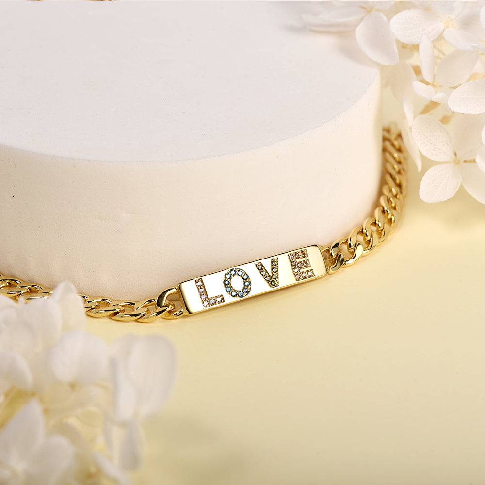 Cuban Chain Capital Letter with Colorful Zircon Nameplate Personalized Bar Name Bracelet-silviax