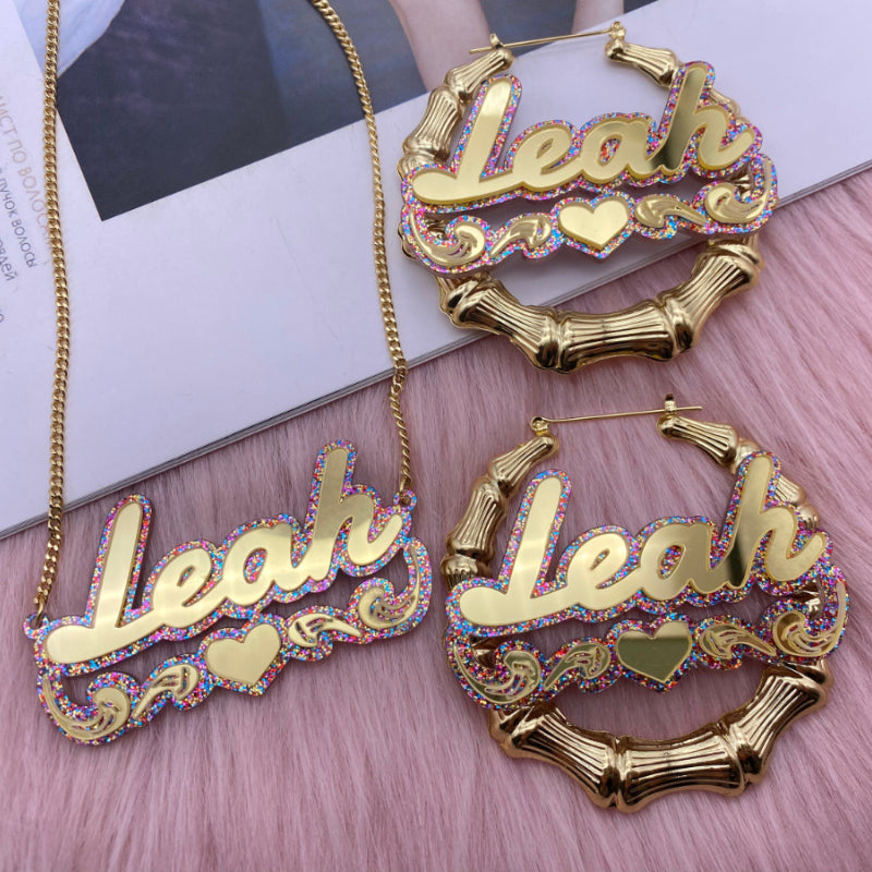 Double Plate Colorful Acrylic Name Jewelry Set Custom Heart Name Necklace And Bamboo Earrings-silviax