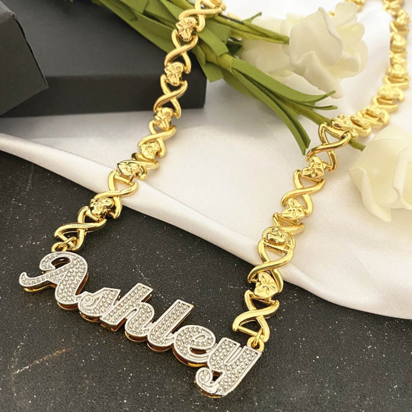 Double Layer Two Tone Nameplate Personalized Custom Gold Plated Name Necklace with XOXO Chain-silviax