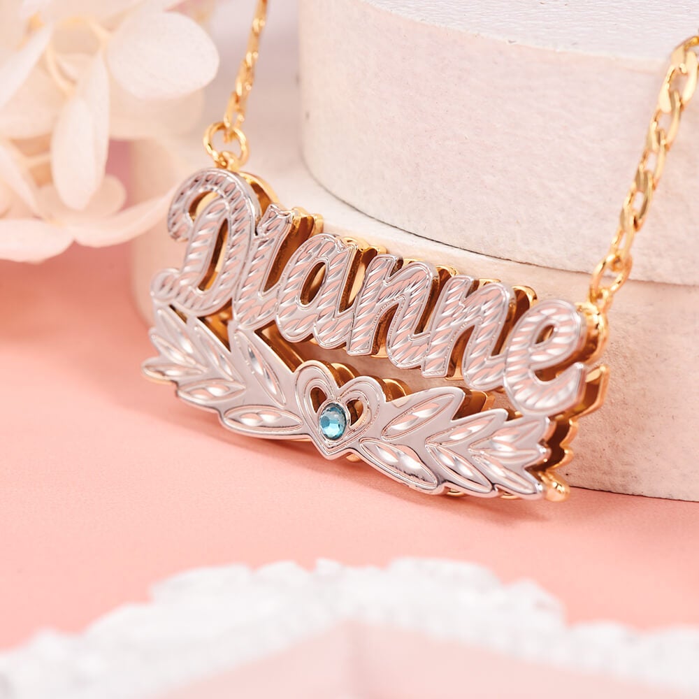 Double Layer Two Tone Wing Heart Nameplate with Birthstone Personalized Custom Gold Plated Name Necklace