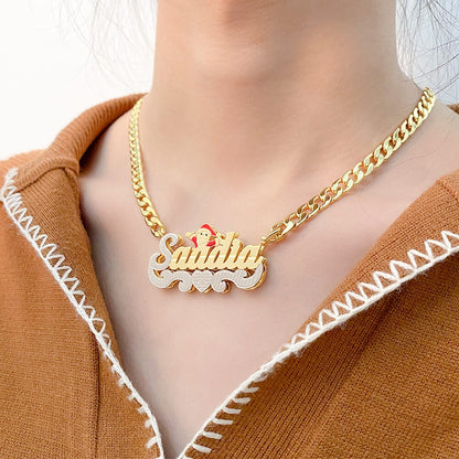 Double Layer Two Tone With Santa Claus Personalized Name Necklace with Heart Christmas Jewelry Gifts