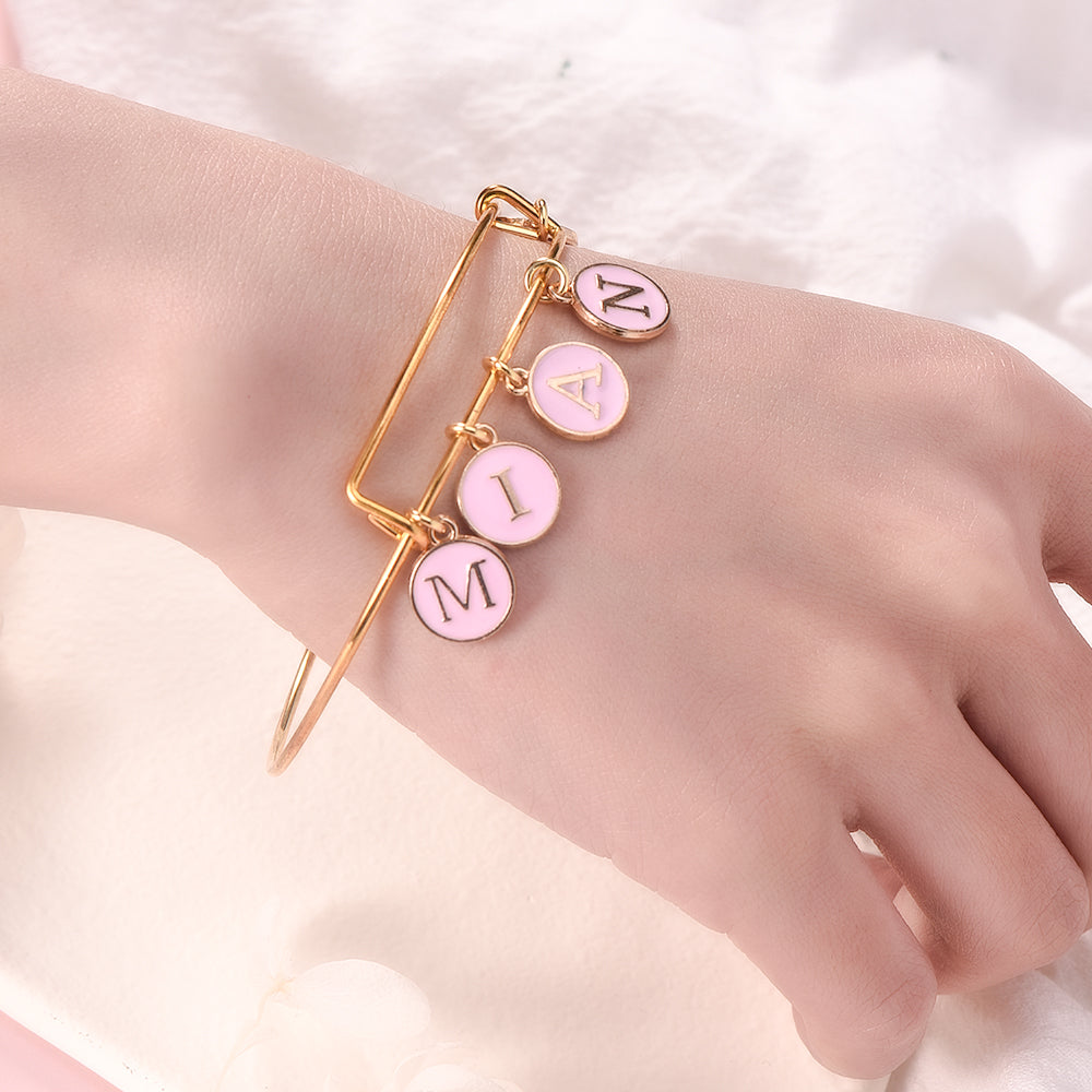 Personalized Pink Enamel Letter Name Charm Bangle Bracelet