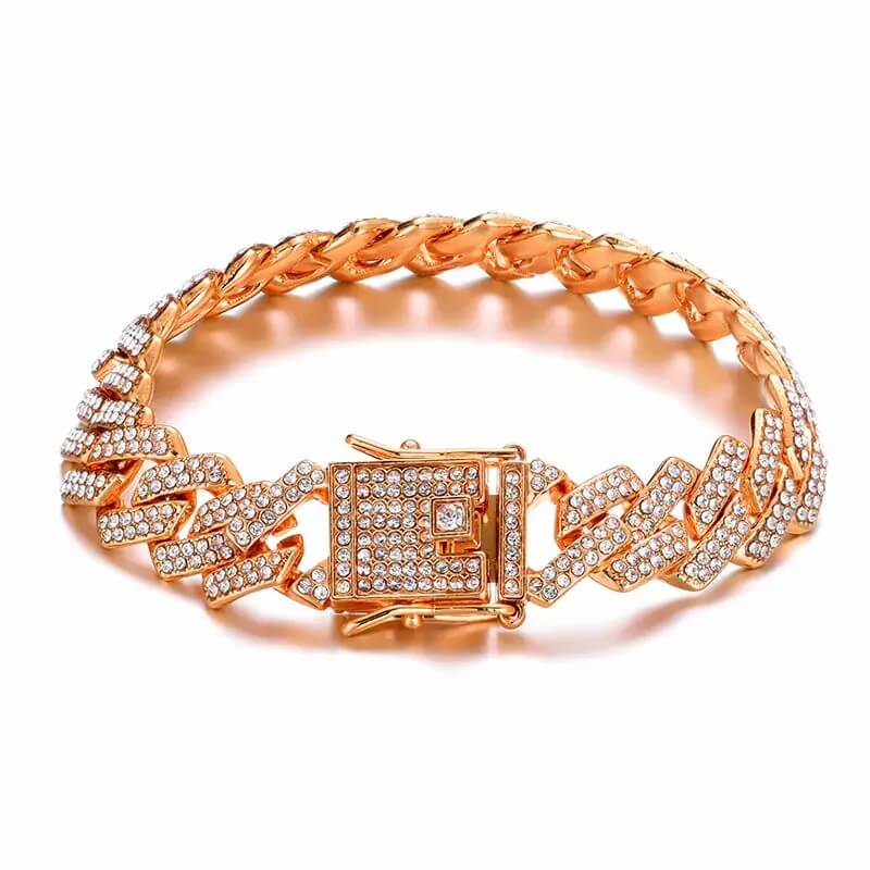 13.5mm Cuban Chain 2 Row Iced Out Bling Rhinestone Zircon Paved Gold Plated Bracelet-silviax