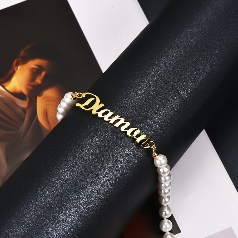 Pearl Chain Personalized Custom Gold Plated Name Bracelet