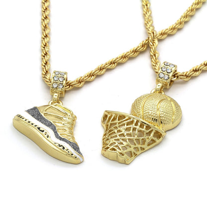 Hip Hop Retro Shoes Pendant &amp; Basketball Basketball Hoop Pendant Gold Plated Necklace