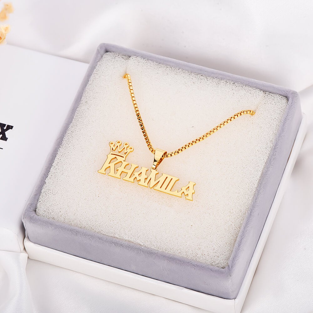 Capital Letter Nameplate with Crown Personalized Custom Gold Plated Name Necklace