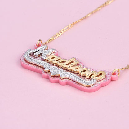 Double Layer Pink Acrylic Two Tone Custom Gold Plated Name Necklace with Heart-silviax