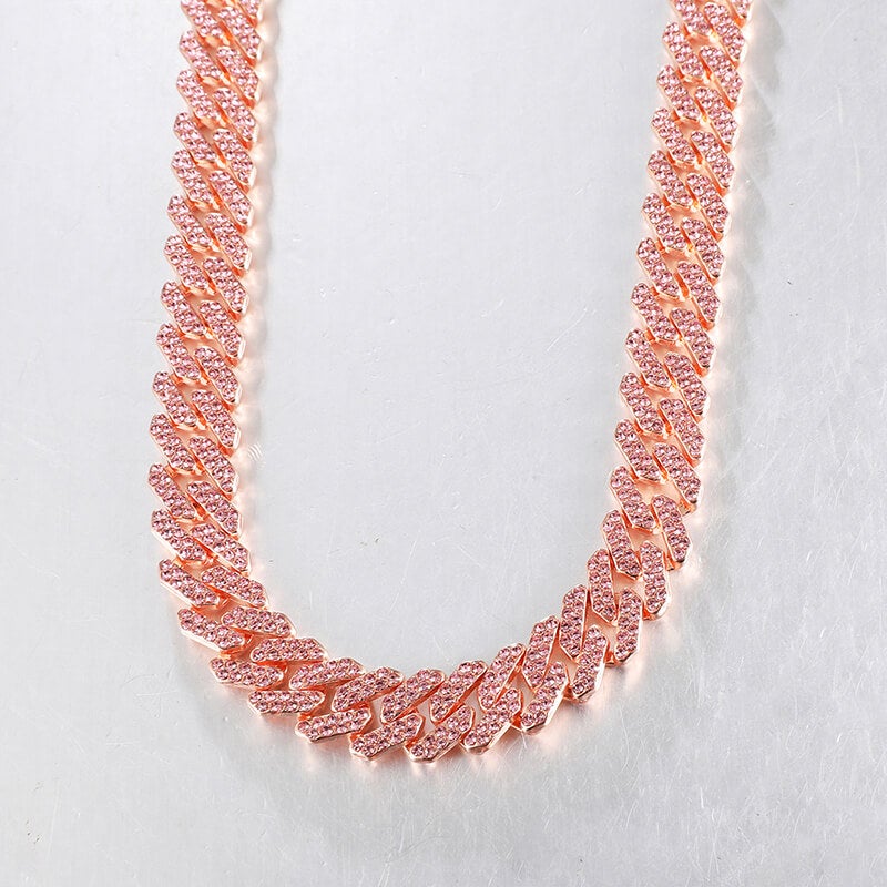 12mm Rose Gold Cuban Chain 2 Row Iced Out Bling Rhinestone Zircon Pave Necklace-silviax