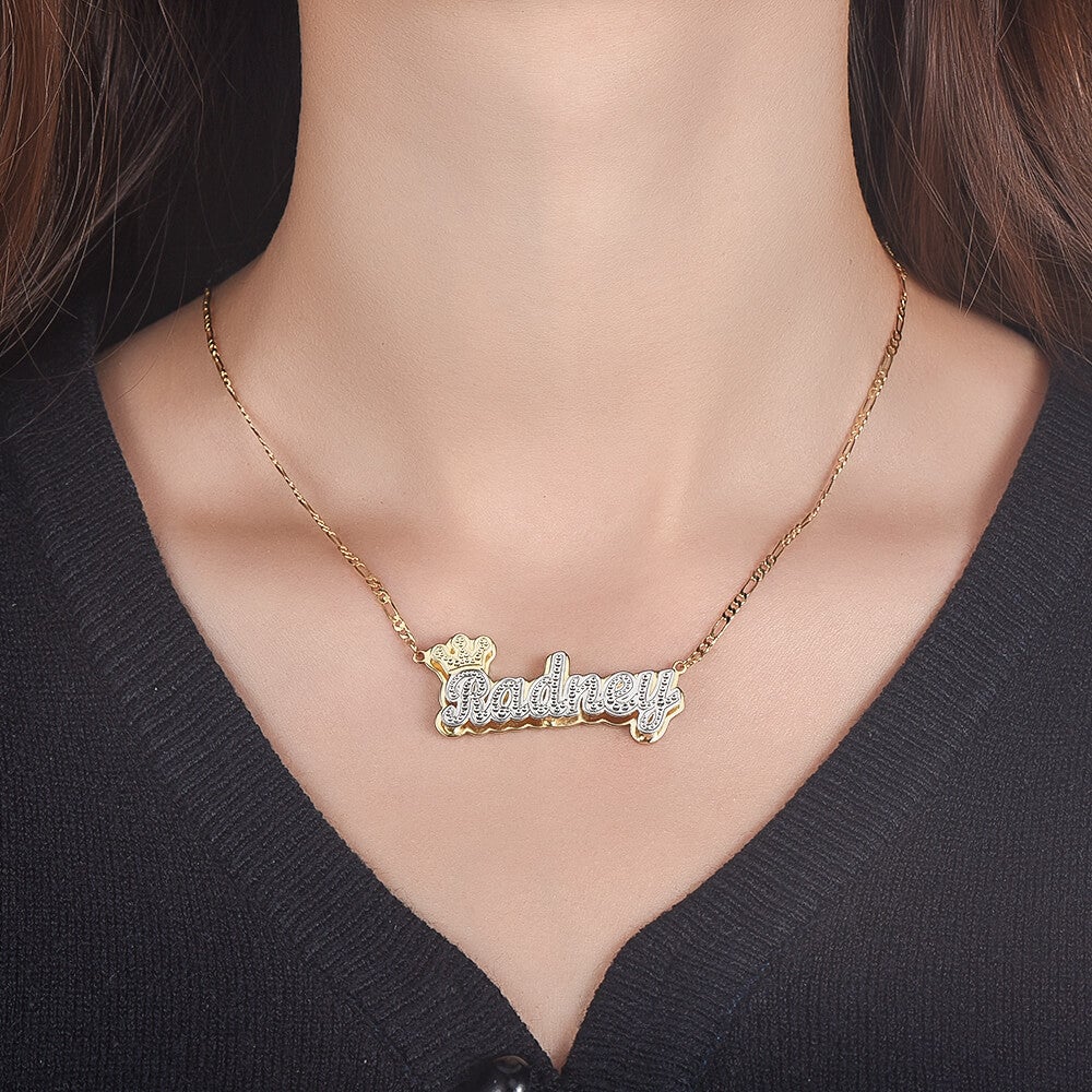 Crown Double Plate Two Tone Personalized Custom Gold Plated Name Necklace-silviax