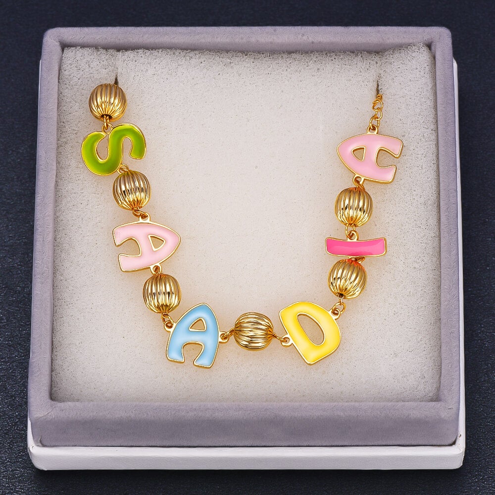 Color Enamel Capital Letter With Round Beads Personalized Custom Gold Plated Name Bracelet-silviax