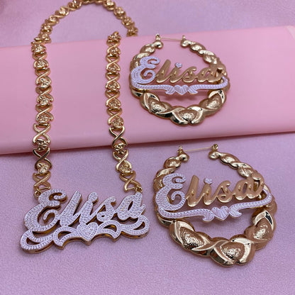 Double Layer Two Tone Personalized Custom Gold Plated XOXO Chain Name Necklace and XOXO Bamboo Hoop Name Earrings Set