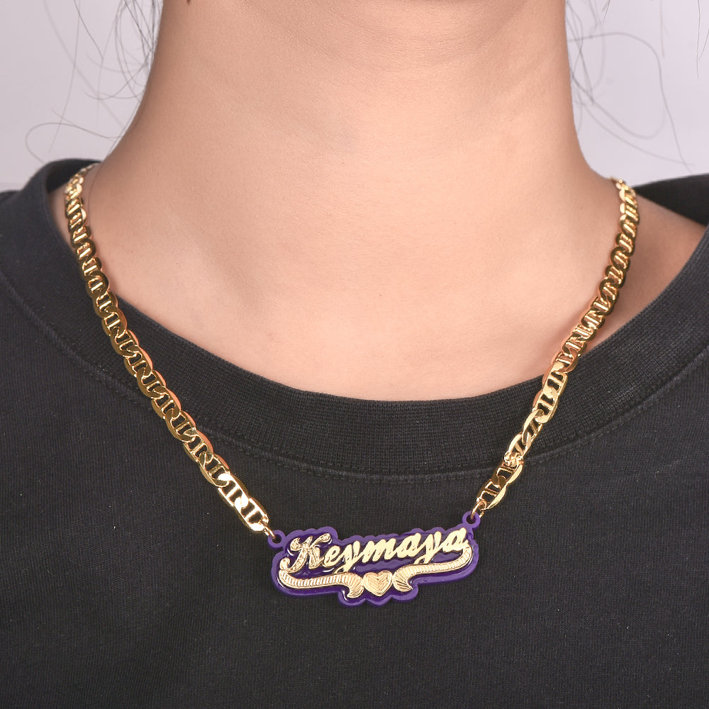 Purple Acrylic with Heart Double Layer Personalized Custom Gold Plated Name Necklace And Name Stud Earring Set