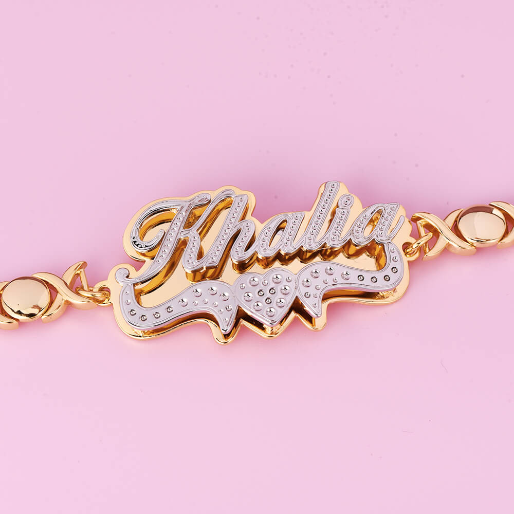 Double Plate Two Tone Heart Nameplate Personalized Custom Gold Plated Name Bracelet XOXO Chain-silviax