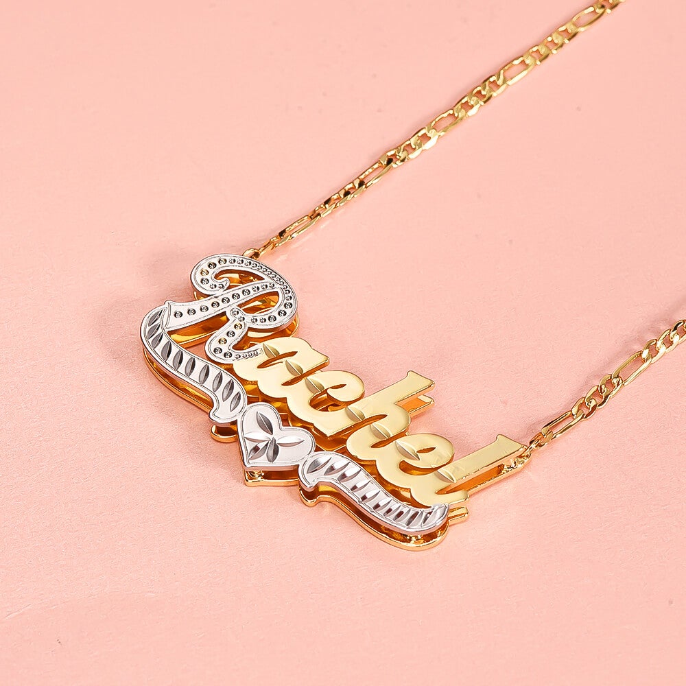 Double Layer Two Tone Heart Nameplate Personalized Custom Gold Plated Name Necklace-silviax