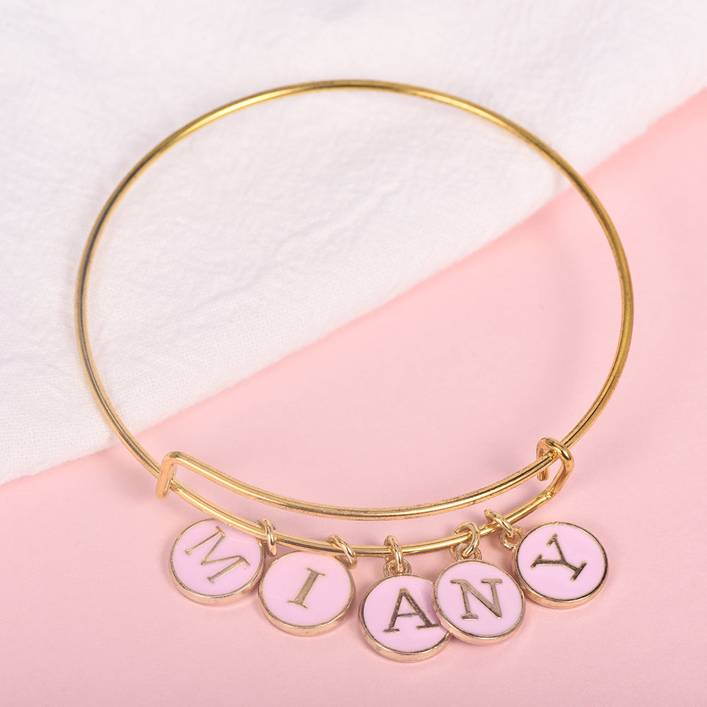 Personalized Pink Enamel Letter Name Charm Bangle Bracelet-silviax