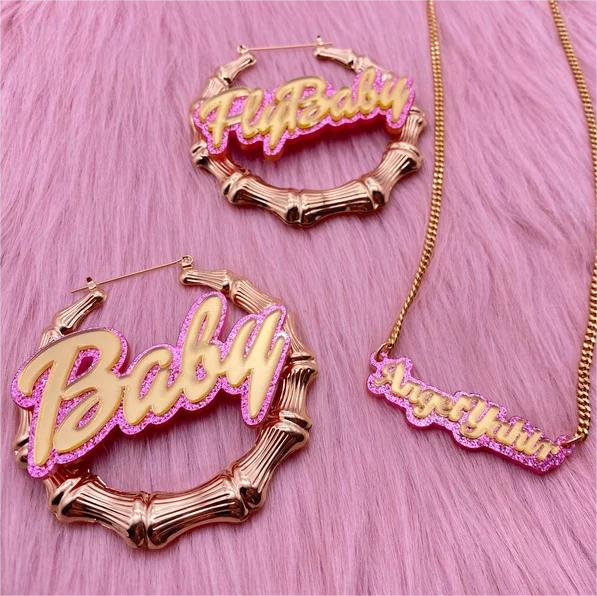 Personalized Pink Acrylic Jewelry Set Custom Name Necklace and Bamboo Name Earrings Set-silviax