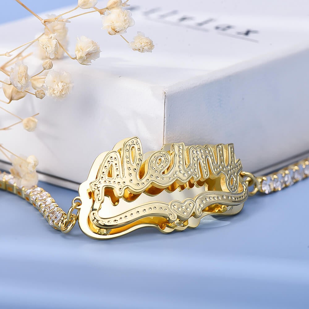 Double Plate Heart Nameplate with Tennis Chain Personalized Custom Gold Plated Name Bracelet-silviax