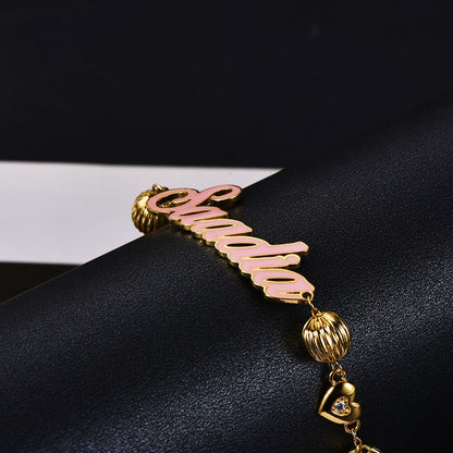 Pink Enamel With Round Beads And Heart Personalized Custom Gold Plated Name Bracelet-silviax