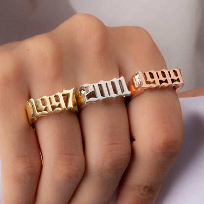 Gothic Date Personalized Gold Plated Number Ring-silviax