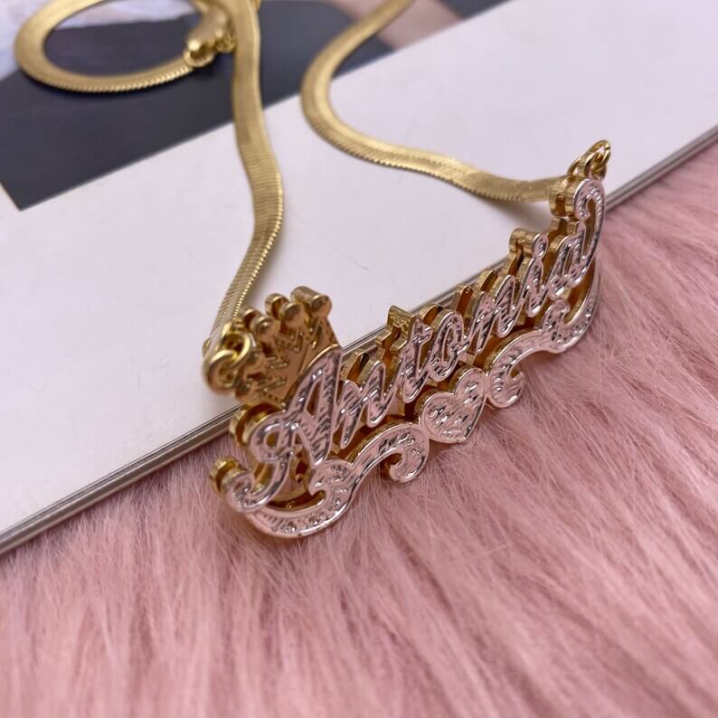 Double Layer Two Tone Crown Heart with Snake Chain Personalized Custom Gold Plated Name Necklace-silviax