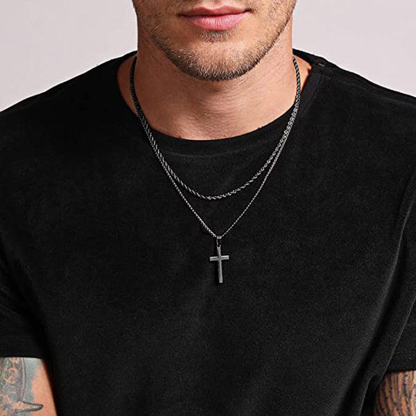 Double Layer Rope Chain Cross Pendant Necklace for Men Women-silviax