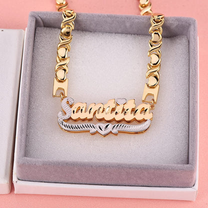 Double Layer Two Tone Heart Personalized Nameplate XOXO Chain Custom Gold Plated Name Necklace-silviax