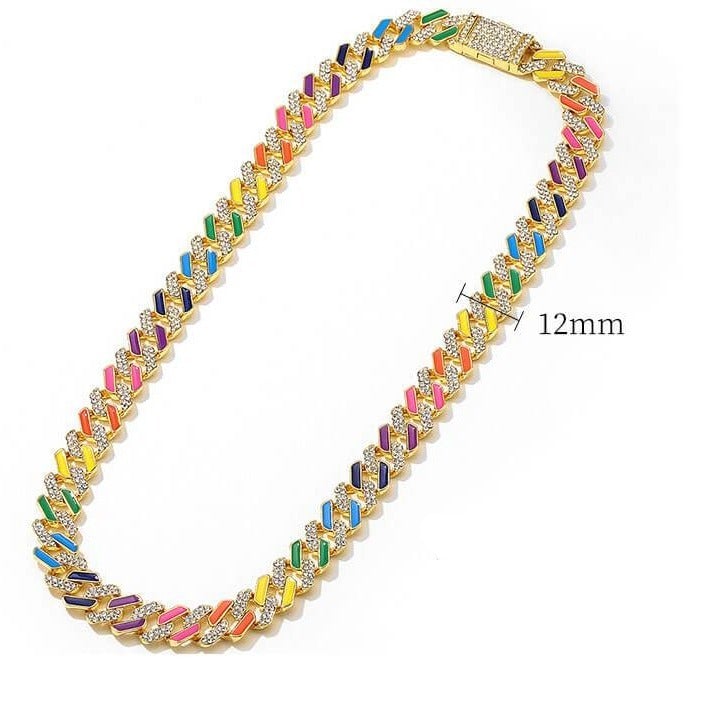 12mm Colorful Cuban Link Chain Gold Plated Necklace and Bracelet Set