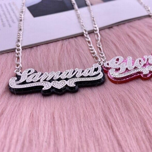 Double Layer Acrylic White Gold Nameplate with Heart Personalized Custom Name Necklace-silviax