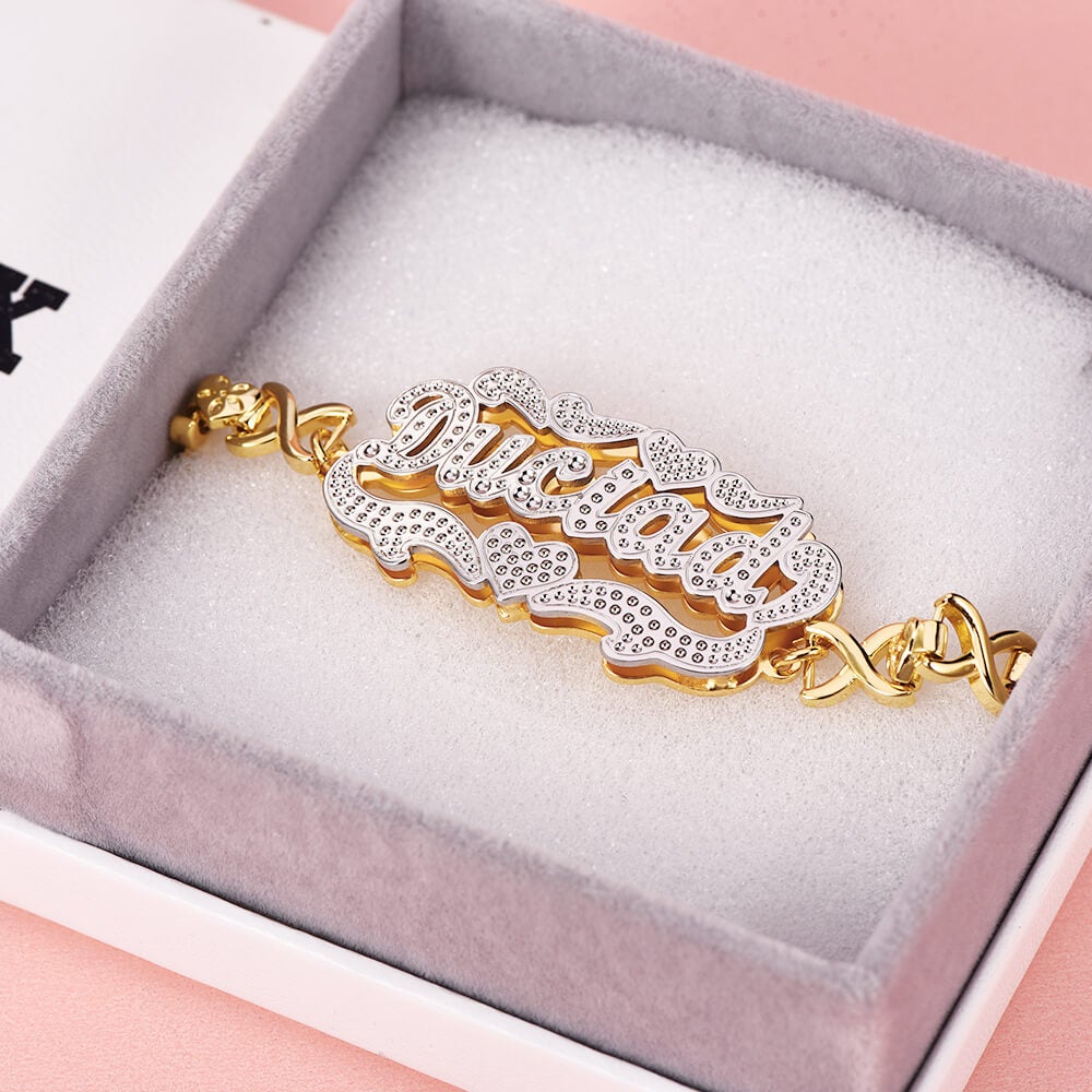 Double Layer Two Tone Heart with XOXO Heart Chain Personalized Custom Gold Plated Name Bracelet-silviax