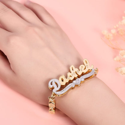 Double Layer Two Tone Nameplate with Heart XOXO Chain Personalized Custom Gold Plated Name Bracelet-silviax