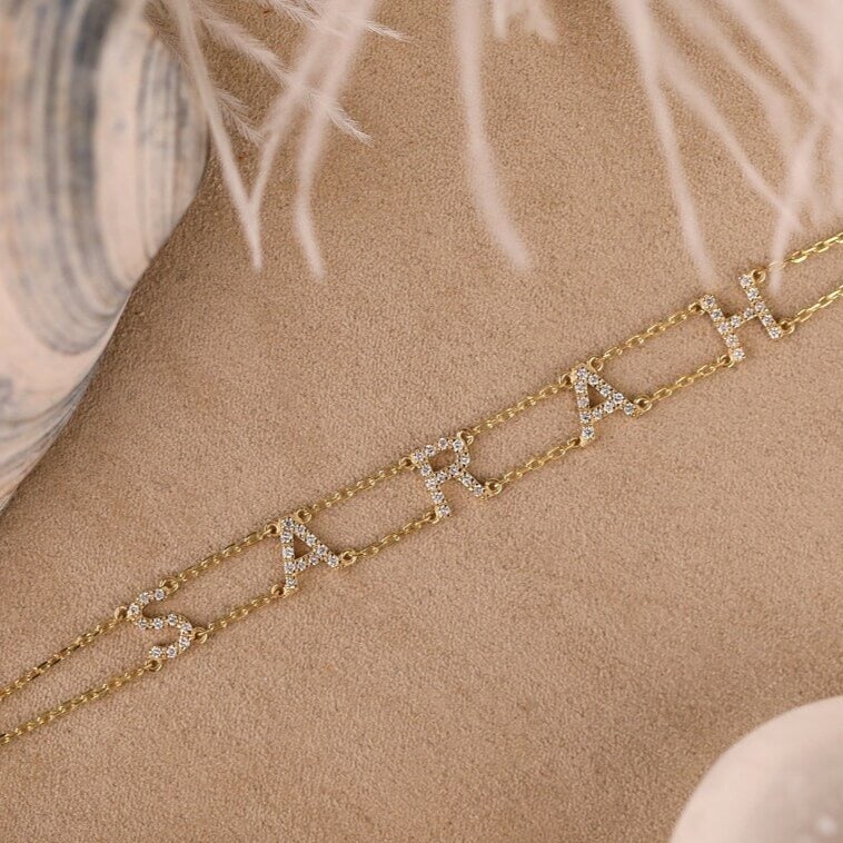 Capital Letter Inlaid Zircon Personalized Custom Gold Plated Name Bracelet-silviax