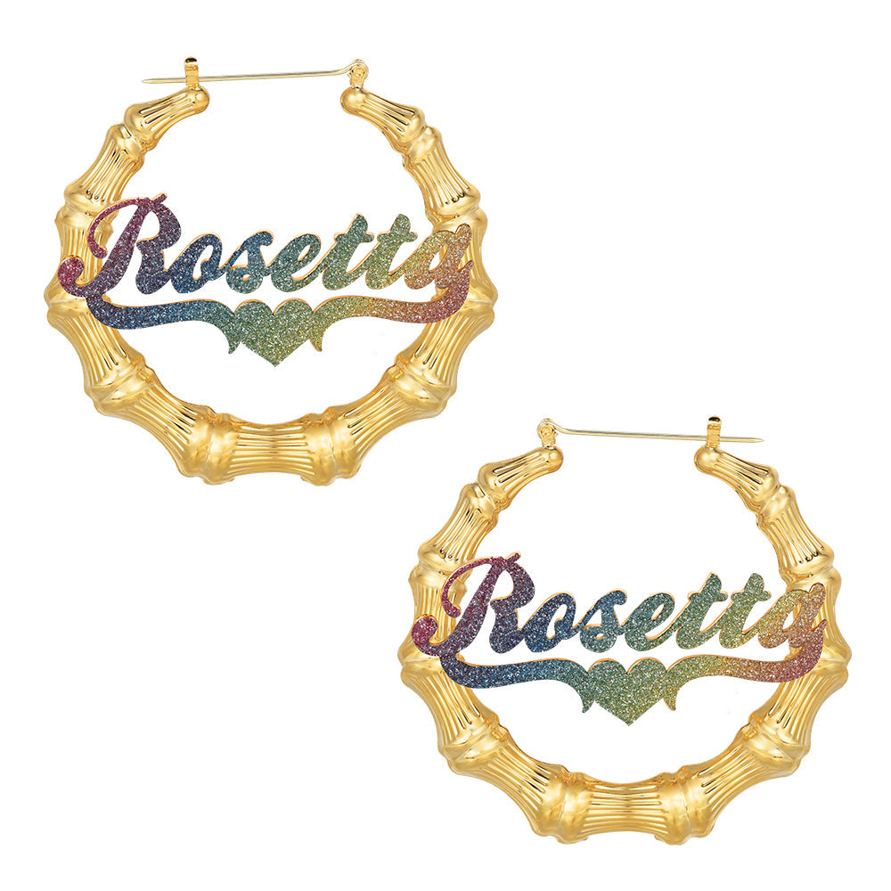 Colorful Nameplate with Heart Personalized Bamboo Name Hoop Earrings