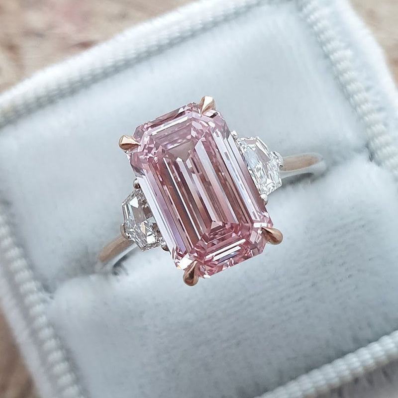 Gorgeous Emerald Cut Morganite Pink Three Stone Engagement Ring In Sterling Silver-Maxinejewelry