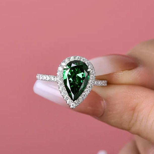 2.2 Carat Emerald Green Sapphire Halo Pear Cut Engagement Ring In Sterling Silver-Maxinejewelry