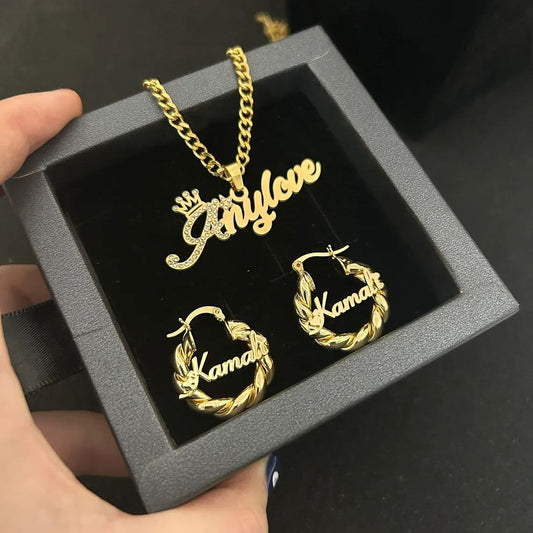 Personalized Custom Gold Plated Crown Name Necklace Mini Hoop Earrings Set For Kids-silviax