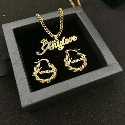 Personalized Custom Gold Plated Crown Name Necklace Mini Hoop Earrings Set For Kids-silviax