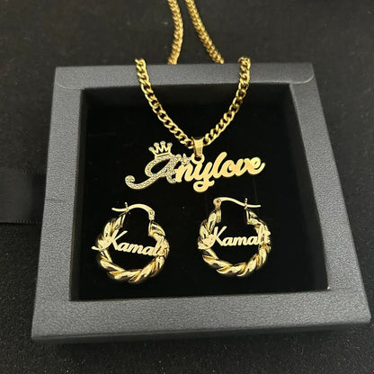 Personalized Custom Gold Plated Crown Name Necklace Mini Hoop Earrings Set For Kids-silviax