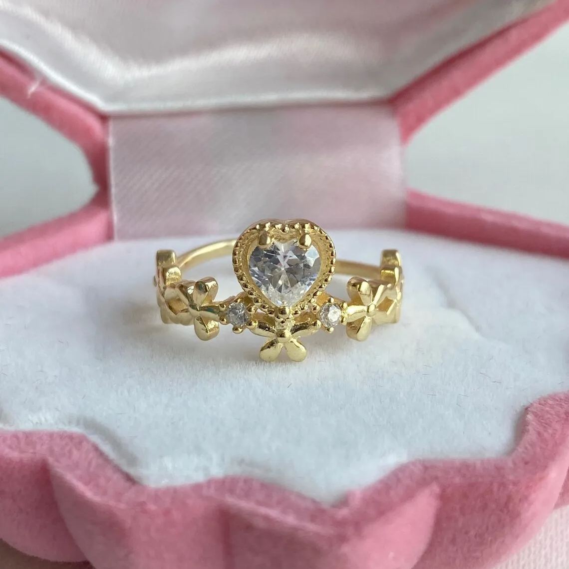 Stunning Heart Ring Personalized Birthstone Ring with Flower