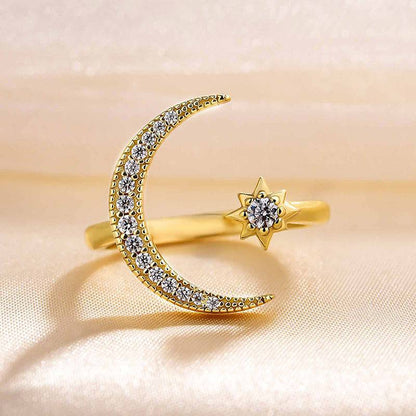 Crescent Moon &amp; Star Adjustable Open Ring