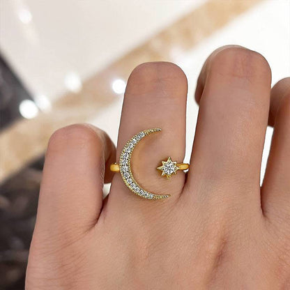 Crescent Moon &amp; Star Adjustable Open Ring