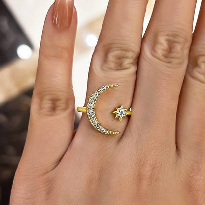 Crescent Moon &amp; Star Adjustable Open Ring