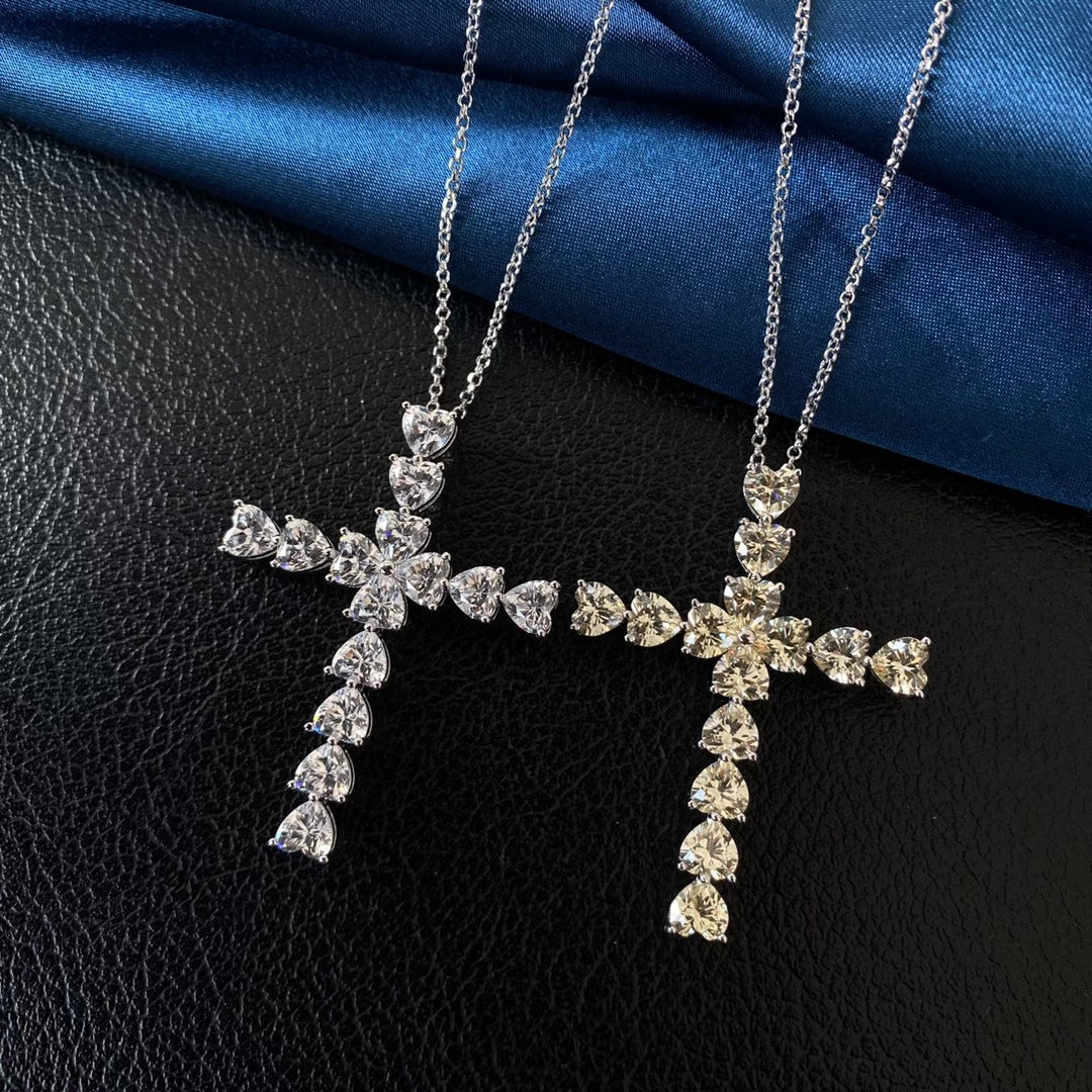 Fashion Heart Cut Cross Pendant Necklace In Sterling Silver