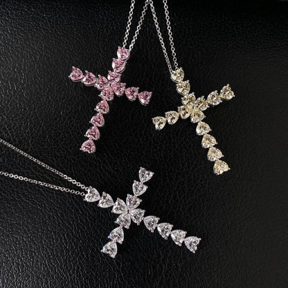 Fashion Heart Cut Cross Pendant Necklace In Sterling Silver