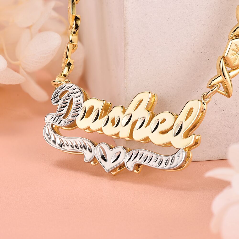 XOXO Chain Personalized Double Layer Gold Plated Name Necklace with Heart